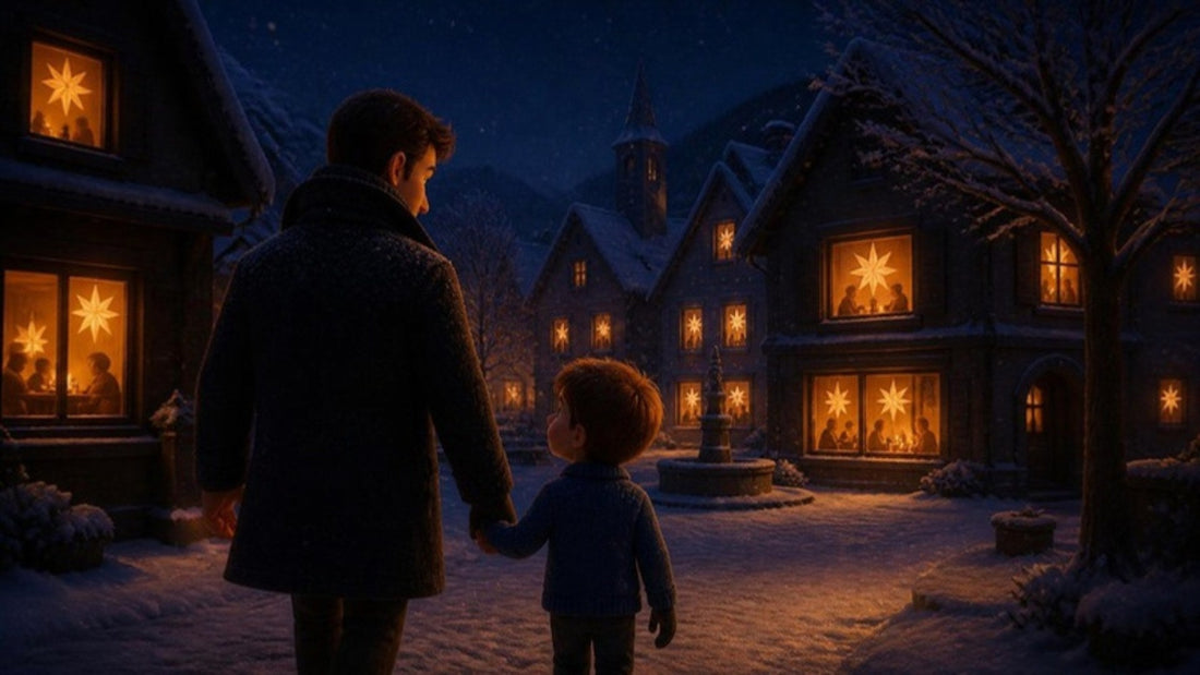 Leo vuelve a casa con su padre por la plaza nevada, con estrellas de papel en todas las ventanas