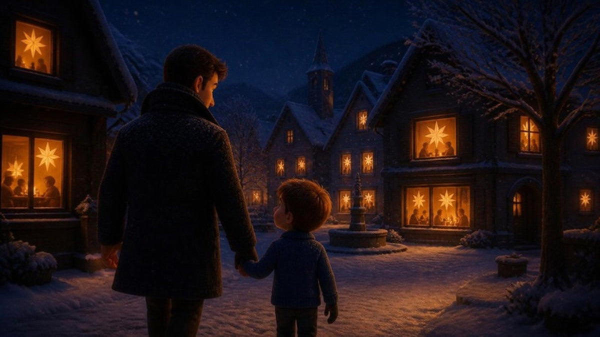 Leo vuelve a casa con su padre por la plaza nevada, con estrellas de papel en todas las ventanas