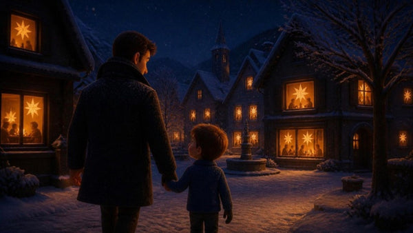 Leo vuelve a casa con su padre por la plaza nevada, con estrellas de papel en todas las ventanas
