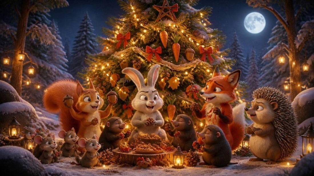 Los animales y la familia de topos celebran juntos la Navidad bajo el gran abeto decorado