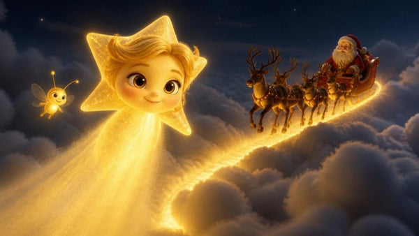 La luz de Luma dibuja un camino brillante entre las nubes para el trineo de Papá Noel