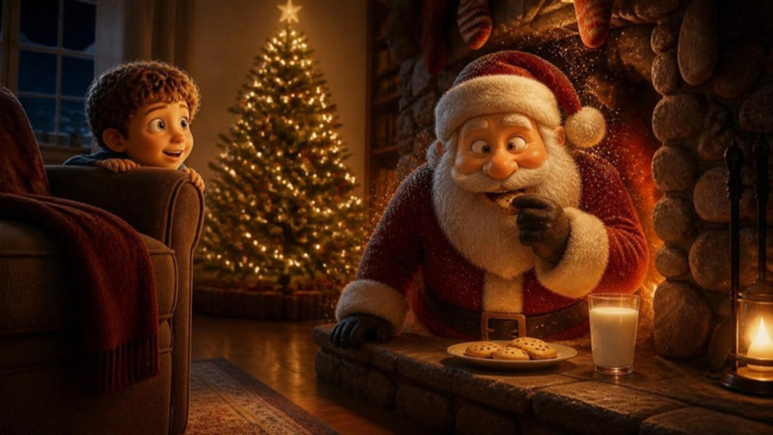Papá Noel sale de la chimenea y prueba una galleta mientras Mateo lo mira asombrado desde el sofá
