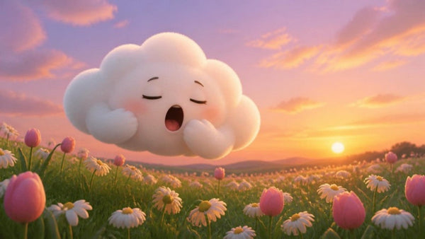 Nuba, una nube pequeña y blanca, bosteza sobre un campo de flores al atardecer