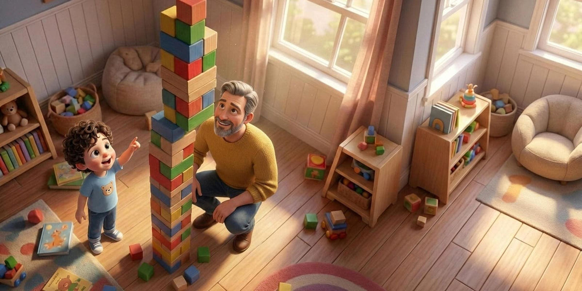 Ilustración de «Mi superhéroe», escena 6: La torre de bloques de colores