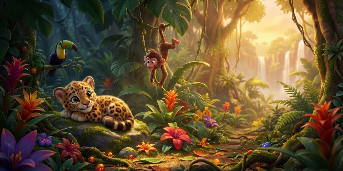 Ilustración de «Bienvenido al mundo», escena 7: La selva de colores
