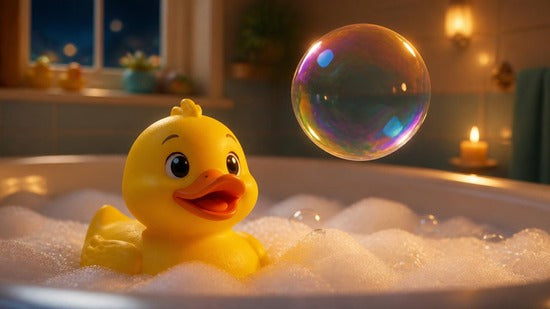 Un patito de goma amarillo nada entre las burbujas de la bañera
