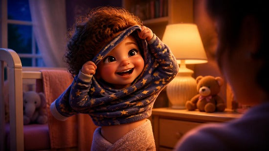 Alba se ríe mientras juega al cucú con su pijama de estrellas