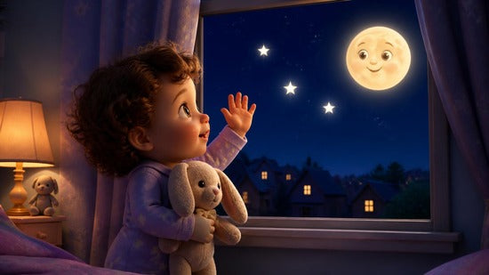 Alba saluda a la luna y a tres estrellas desde la ventana de su habitación, abrazada a su conejito