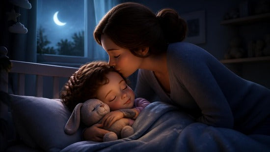 Alba duerme abrazada a su conejito de trapo mientras mamá le da un beso en la frente