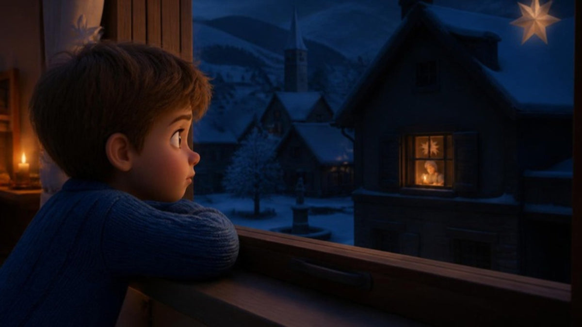 Leo looks out of the window at the house of Elvira next door, dark after the snowstorm