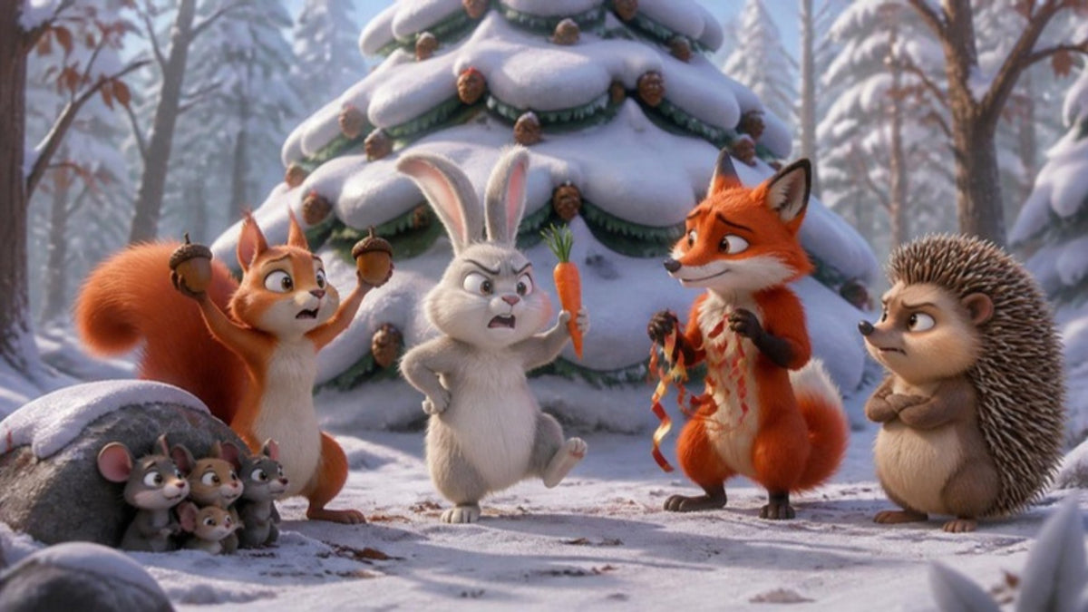 A squirrel, a rabbit, a fox and a hedgehog argue in front of the big snowy fir tree while the little mice hide