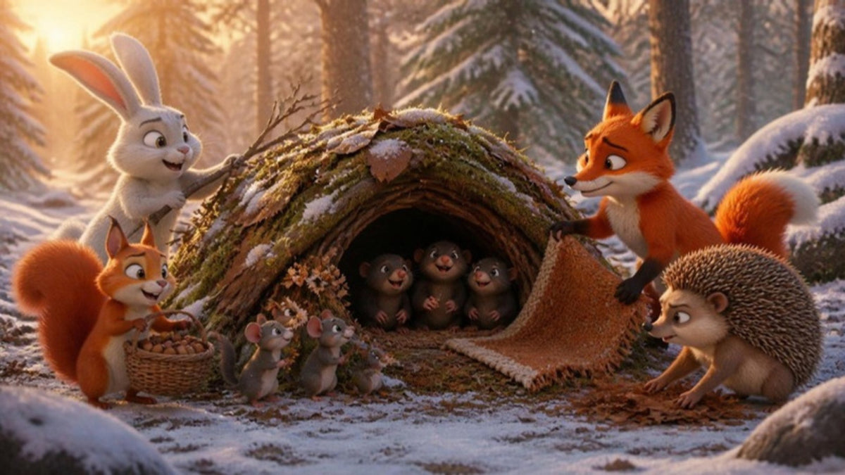 The forest animals build a shelter of branches and moss for the mole family