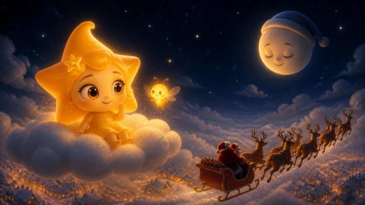 La Luma torna a brillar sobre un núvol al costat de la cuca de llum, mentre el trineu del Pare Noel avança entre els núvols