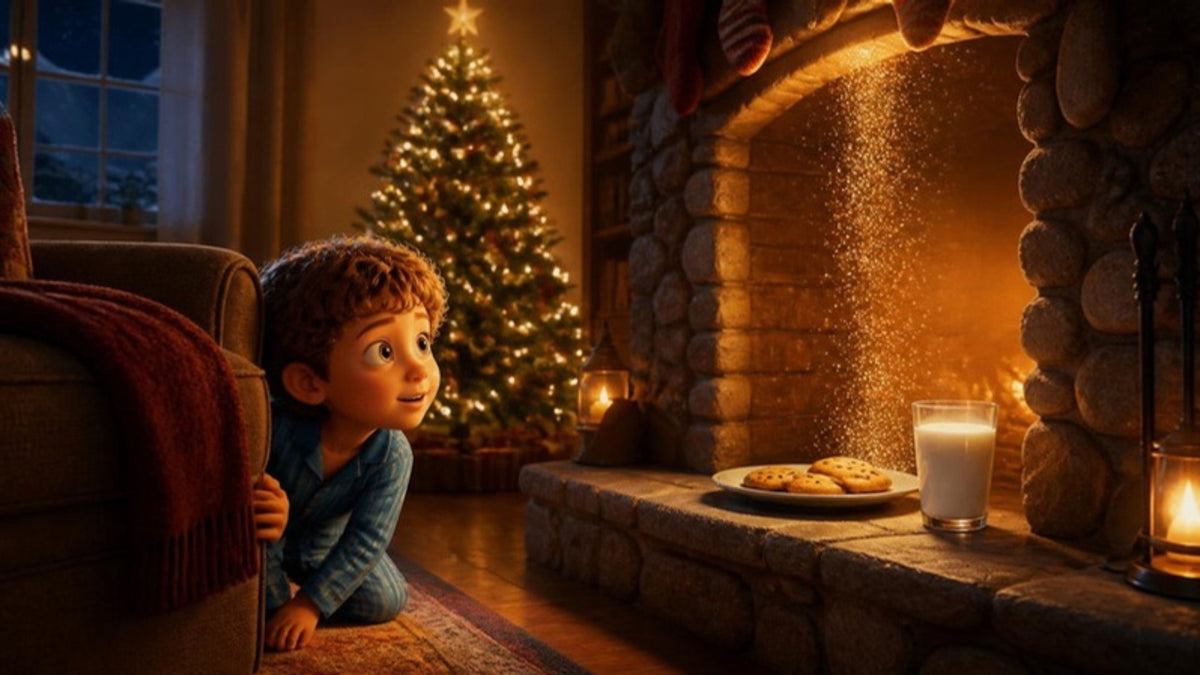 Mateo, in pajamas, waits hidden by the fireplace, where milk and cookies are set out for Santa