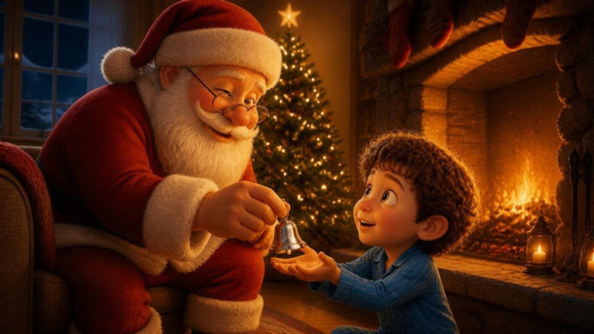 Santa gives Mateo a tiny silver bell beside the Christmas tree