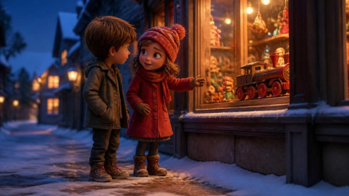 Clara talks to a boy who is looking at a wooden train in a toy shop window
