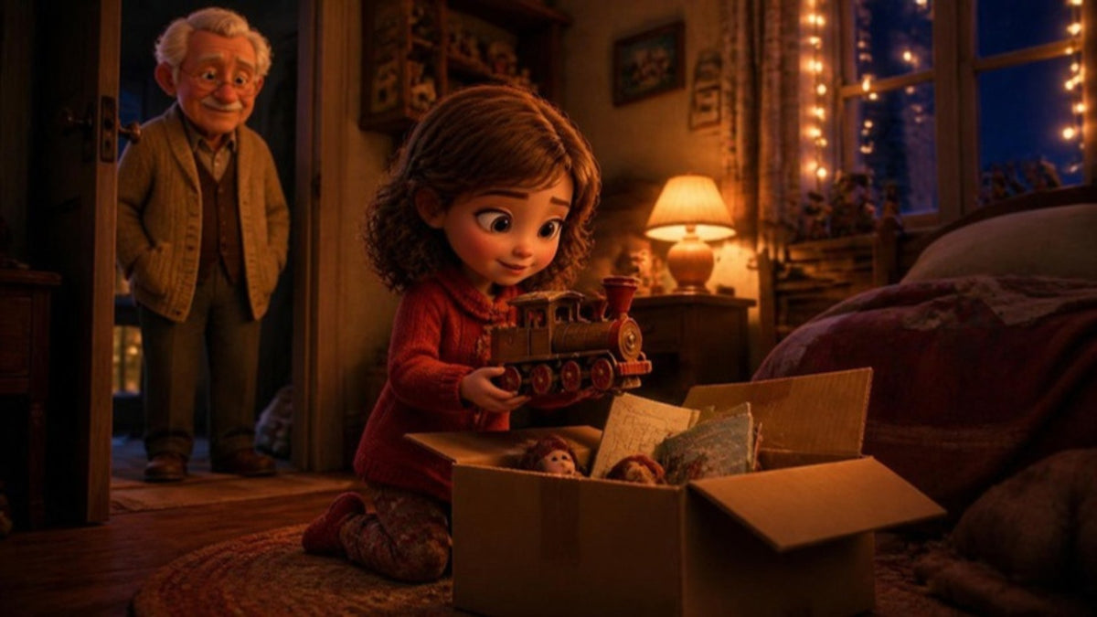 Clara holds the wooden train beside the box of toys while Grandpa watches from the doorway