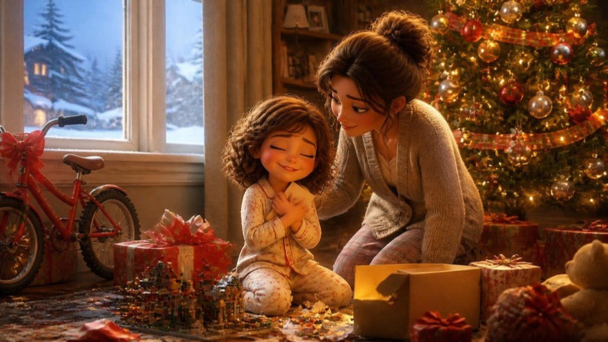 Clara hugs Daniel’s card by the Christmas tree, with Mom close by