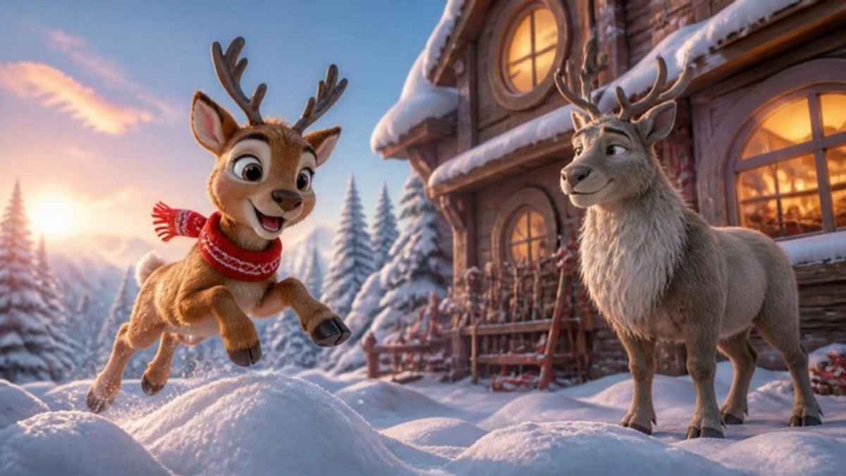 Nico, a young reindeer in a red scarf, trains by leaping through the North Pole snow while Blitzen watches