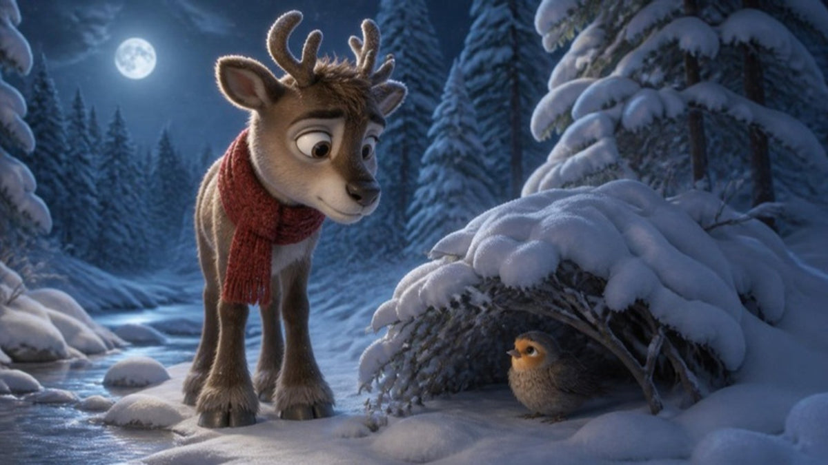 Nico, lost in the snowy forest, finds a little bird shivering with cold under a bush