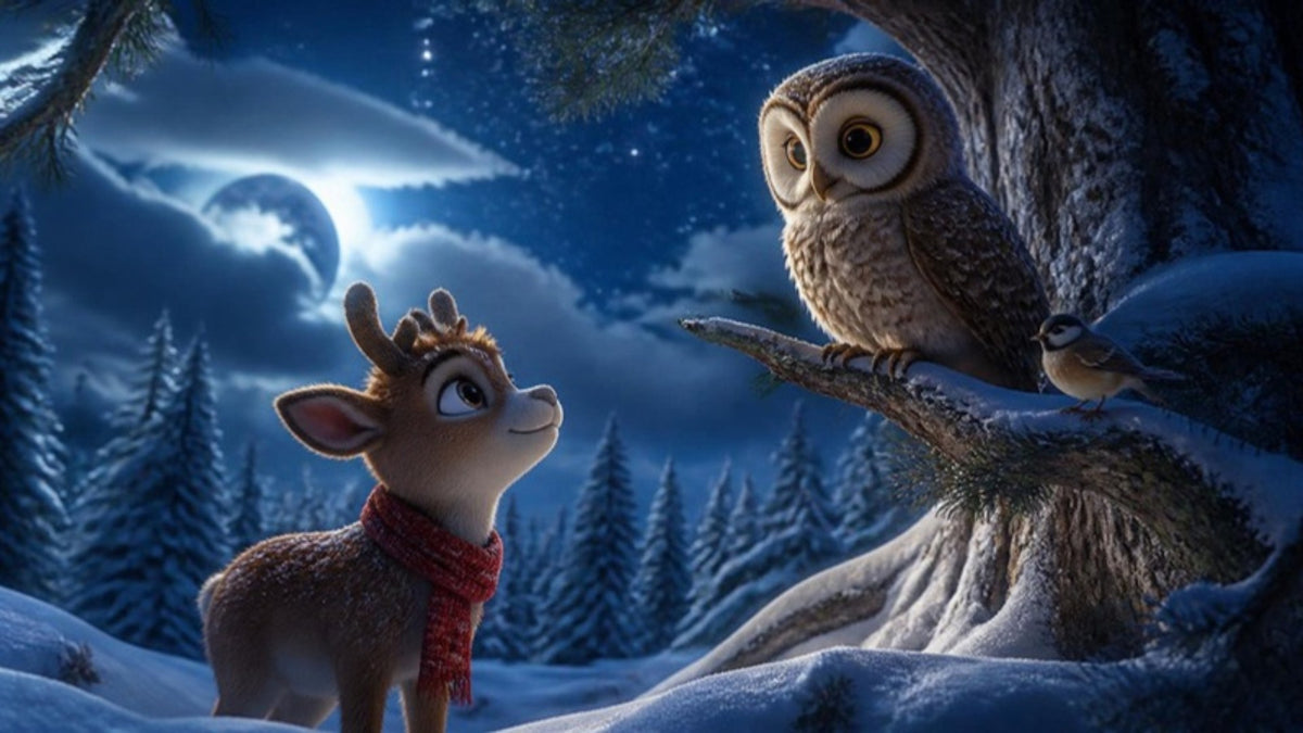 Nico meets Mr. Owl, who is resting on an old fir tree in the moonlight