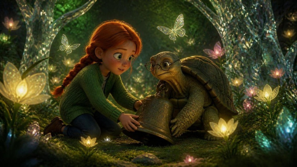 Martina helps a tortoise in glasses lift a bell in a magical underground garden