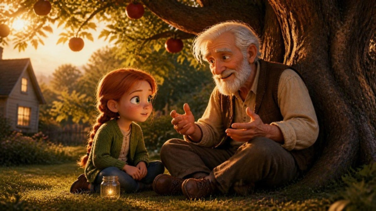 Martina listens to Grandpa’s stories, sitting under the apple tree