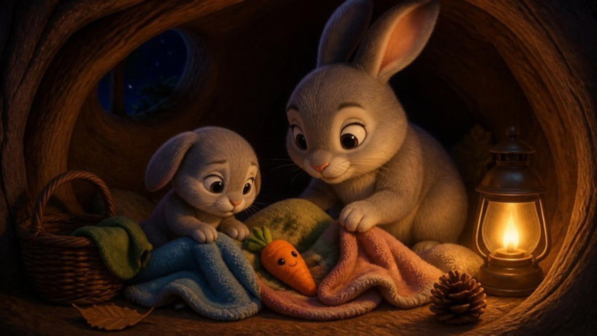 Tito, a little gray bunny, looks for his cuddly carrot among the blankets with Mama Rabbit