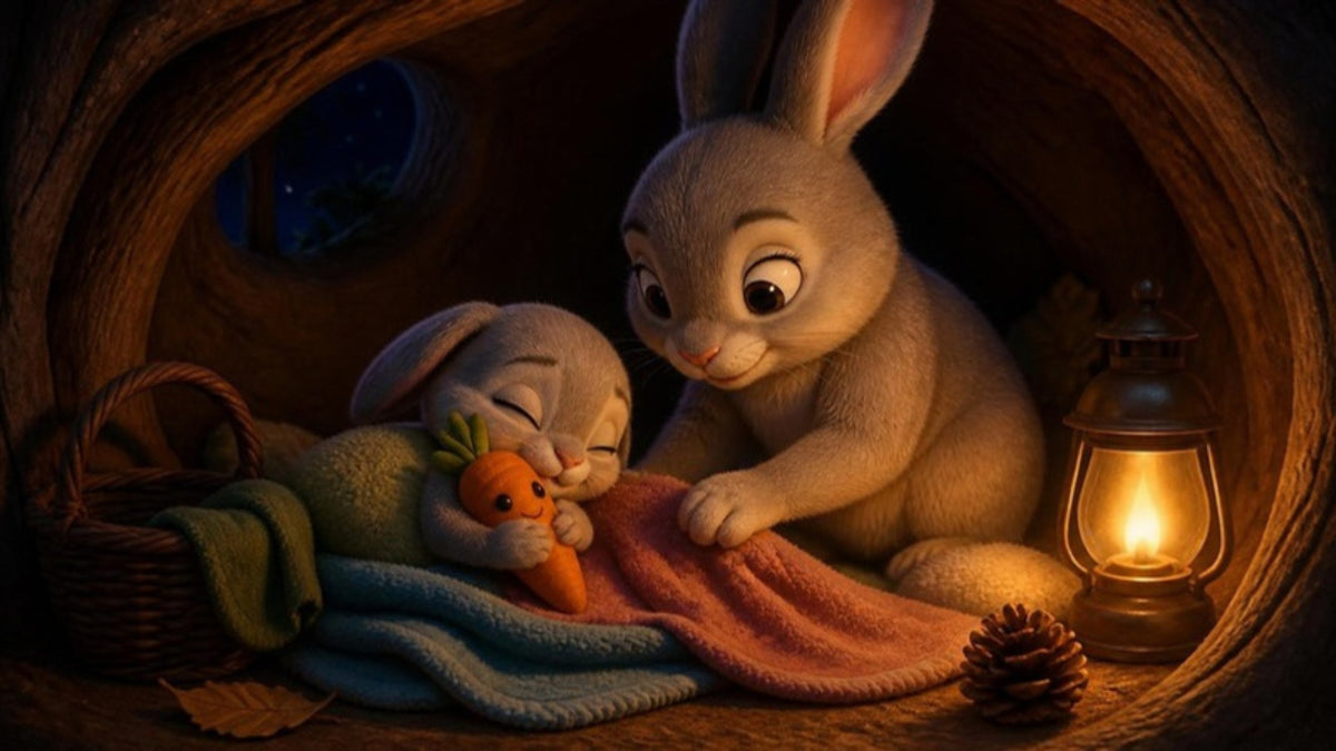 Tito happily hugs his cuddly carrot in the burrow
