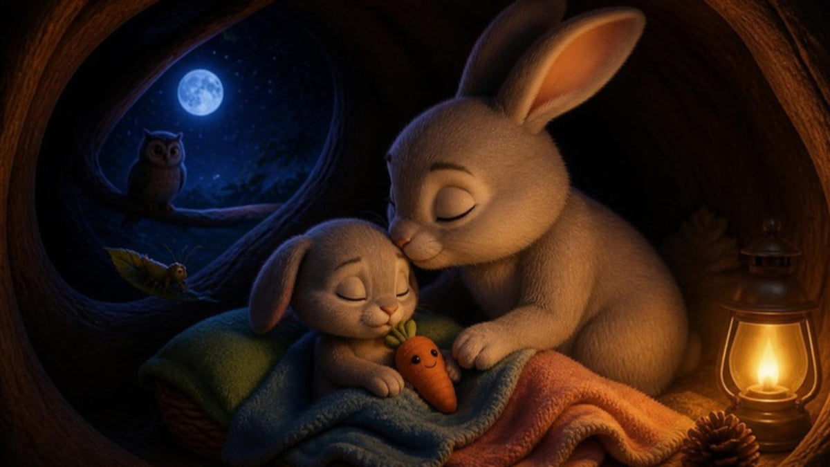 Mama Rabbit kisses Tito, who falls asleep hugging his carrot