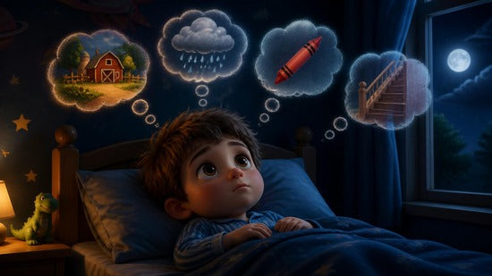 Hugo, despierto en la cama, con burbujas de pensamientos flotando sobre su cabeza: una granja, una nube de lluvia y una cera roja