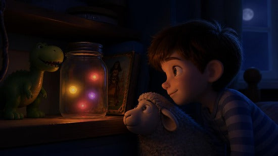 El tarro cerrado, con luces de colores dentro, descansa en la estantería entre un dinosaurio de juguete y un cuento de piratas